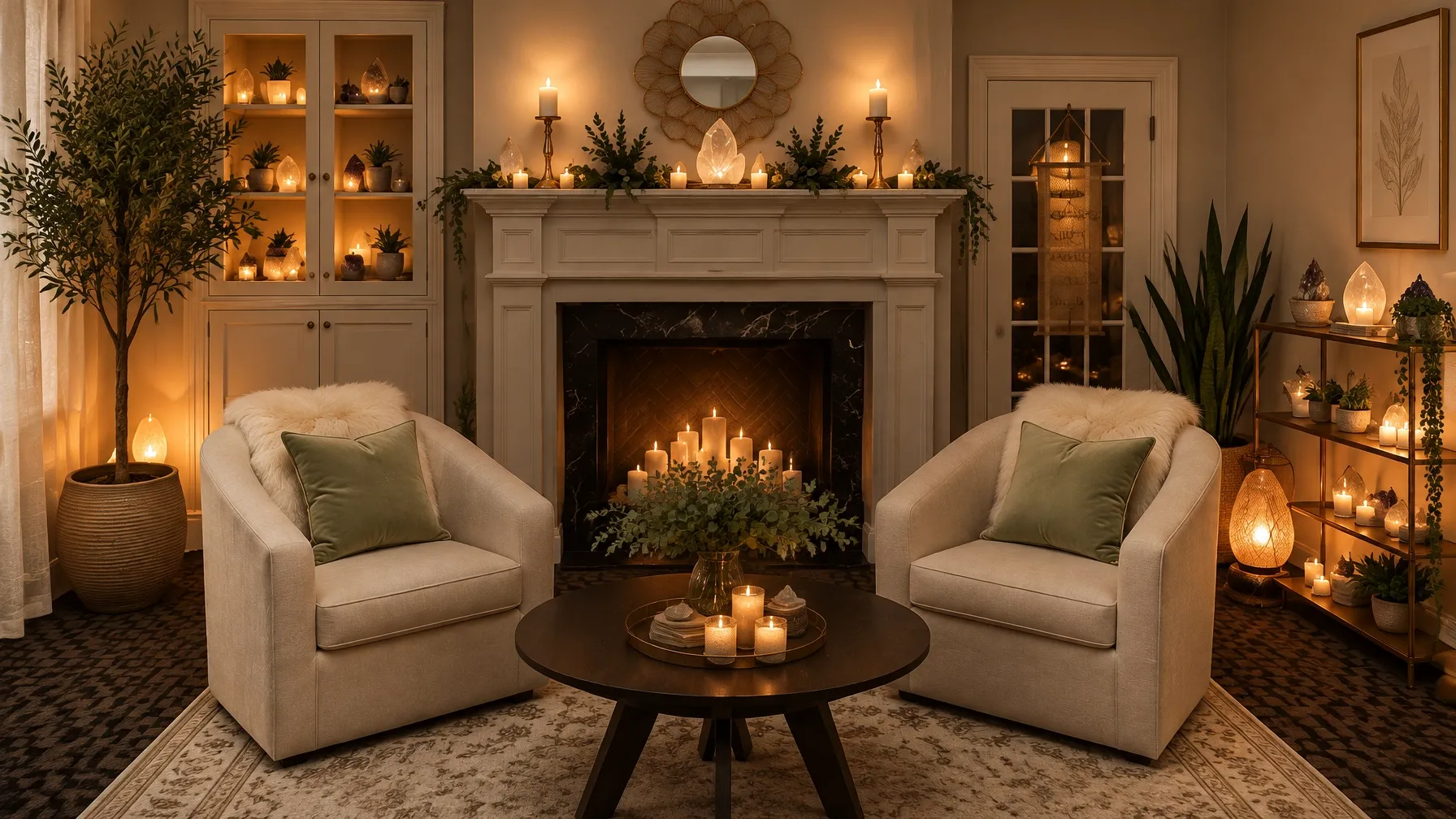Warm, peaceful private reading room with candles and comfortable chairs